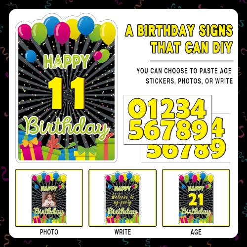 Happy Birthday Yard Signs with Stakes - 2 x LED Lights and Personalized Signs with 20 Number Stickers - 16" Large Birthday Yard Signs Colourful Outdoor Lawn Decorations,REUSABLE,WEATHERPROOF