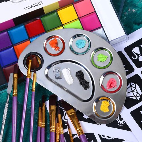 Athena Face Body Paint Oil Makeup Set, 20 Colors FX Halloween Party Painting with Stainless Steel Mixing Palette and Spatula Tool,10 pcs Artist Paintbrushes,Tattoo Stencil Arts Crafts kit