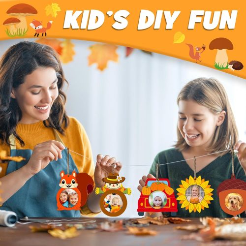 24 Packs Fall DIY Picture Frames Crafts for Kids, Thanksgiving Unfinished Wooden Photo Ornaments to Paint with Colored Markers, Personalized Wood Ornaments Making Kit for Classroom Home Activities