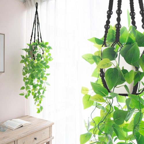4 Mkono Fake Hanging Plant with Pot, Artificial Plants for Home Decor Indoor Macrame Plant Hanger with Fake Vines Faux Hanging Planter Greenery for Bedroom Bathroom Kitchen Office Decor (1, Black)