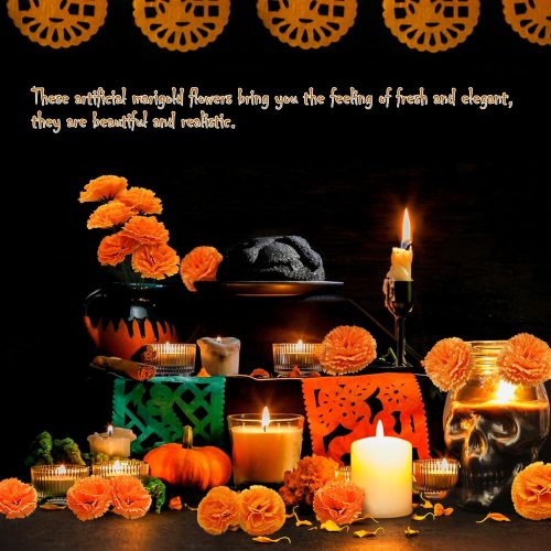 4 50Pcs Marigold Flowers Heads with Stems, Silk Orange Marigolds Artificial Flowers for Dia De Los Muertos, Day of The Dead Altar Ofrenda, Diwali, Party, Halloween