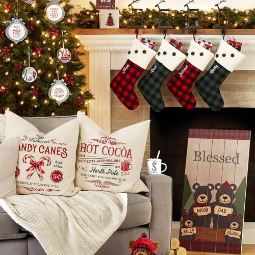 4 Farmhouse Christmas Pillow Covers 18x18 Set of 4 Rustic Winter Holiday Xmas Decor Christmas Decorations Cushion Cases for Couch Tree Candy Canes Cocoa Sleigh Rides (18"x18")