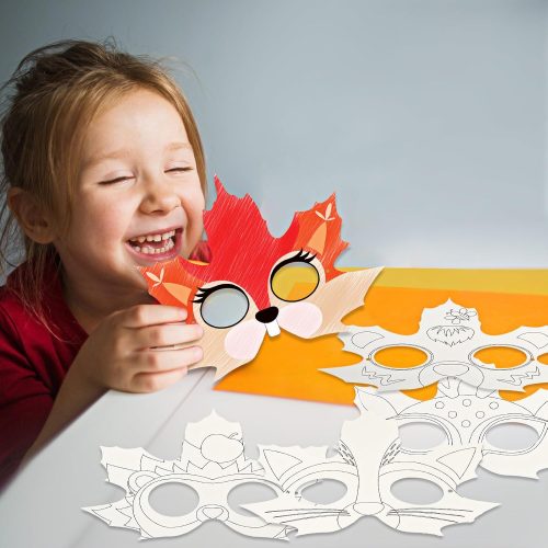 4 Funrous 24 Pcs Fall Craft Kits Autumn Maple Leaf DIY Mask Color Your Own Animal Blank Painting Paper Mask Thanksgiving Craft