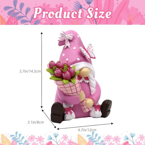 4 Spring Pink Gnome Figurine Decor- 5.7'' Waterproof Resin Summer Fairy Garden Statue Fall Decorations for Home - Summer & Retirement Gift for Women