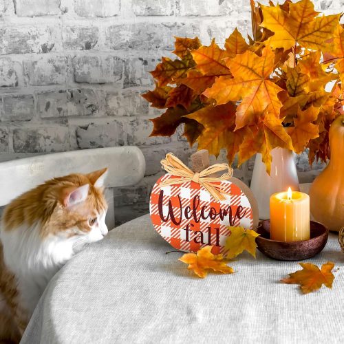 4 4 Pcs Fall Pumpkin Decor Tabletop Signs Welcome Fall Plaid Pumpkin Wooden Sign Tiered Tray Decorations Thanksgiving Autumn Table Centerpieces Standing Block Shelves for Rustic Farm House Home