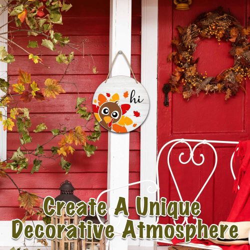 4 Thanksgiving Wooden Sign for Front Door Decor, Thanksgiving Gifts for Women Men, Fall Door Decorations Wall Art, 8" Round Plaque Hanging Door Sign for Home Party Supplies - A07
