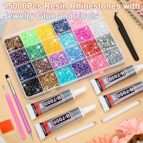 4 B7000 Glue with Rhinestones for Crafting, 31200Pcs Rainbow Crystals 3MM Flat Back Gems with Jewelry Glue Adhesive for DIY Graduation Cap Decorations Phone Case Wedding Shoes