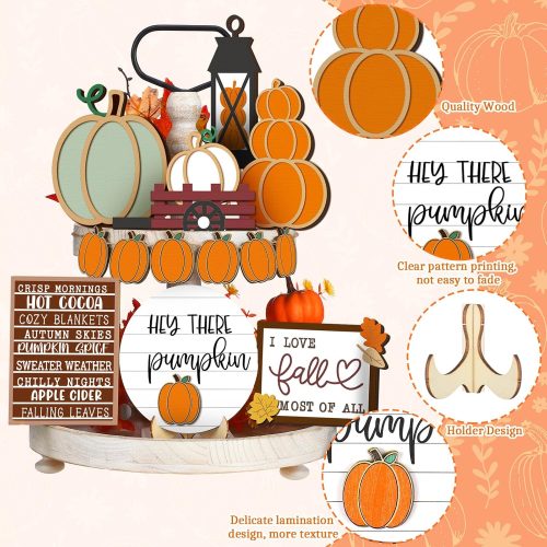 4 Maitys 1 Set Fall Tiered Tray Decor Set Thanksgiving Decorations Autumn Pumpkin Leaves Rustic Farmhouse Fall Decor Autumn Harvest Decorative Trays Wooden Tabletop Signs for Home Kitchen(Rustic Style)