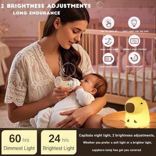 4 Cute Capybara Night Light,LED Squishy Animal Night Lamp,Soft Silicone Novelty Nightlight,Kids Funny Capybara Lamp Gifts,2 Level Dimmable Boys Girls Light Up Room Décor Rechargeable Touch Lamp