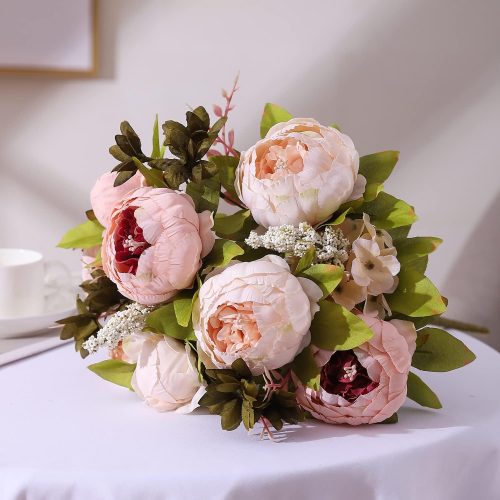 4 Duovlo Fake Flowers Vintage Artificial Peony Silk Flowers Wedding Home Decoration,Pack of 1 (Light Pink)
