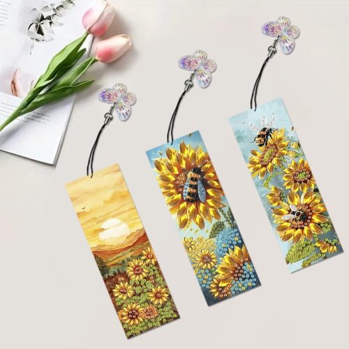 4 pigpigboss 3 Pieces Sunrise Sunflower Bookmark Diamond Painting Kit, 5D Acrylic Sunflower and Bee Diamond Art Bookmark with Butterfly Pendant for Adult Beginner Reading Enthusiasts Book Decor