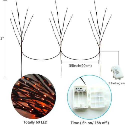 4 Outdoor Indoor Lighted Halloween Tree Branches Decoration, 3PCS Artificial Lit Twig Branch with Orange Fairy Lights, Battery Operated with Timer, Halloween Decor for Fireplace Pathway Lawn Front Porch