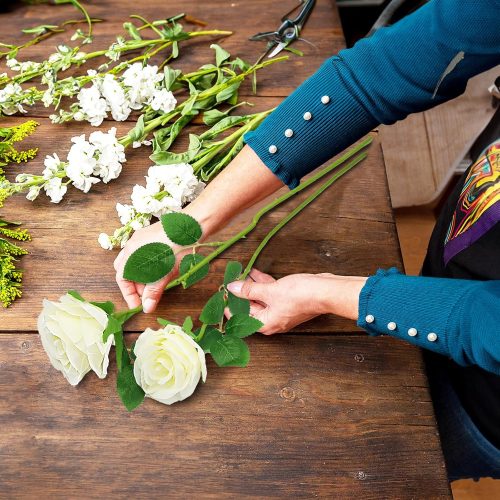 White Artificial Roses with Long Stems, 12Pcs Realistic Roses Artificial Flowers, Faux Roses | Bulk Fake Flowers for Home Decor, Wedding Party Table Centerpieces, DIY Bouquet