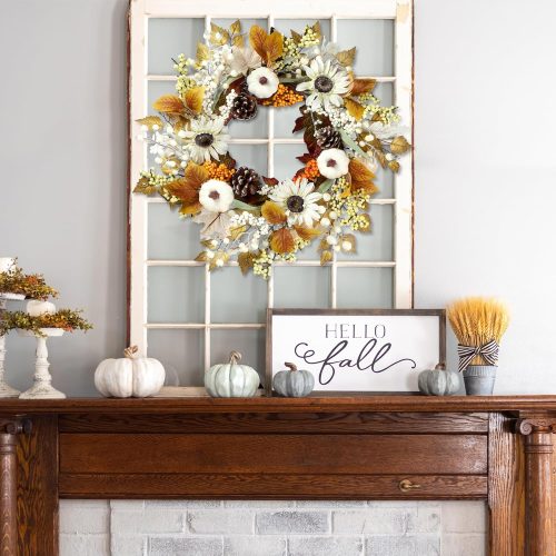 Sggvecsy Fall Wreath 20’’ Autumn Front Door Wreath Harvest Wreath with Pumpkins White Sunflowers Cluster of Berries Maple Leaves Pine Cones for Outside Indoor Wall Festival Thanksgiving Autumn Decor