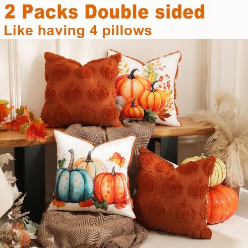 TOYPOPOR Fall Decorations, 2 Packs Double Sided Throw Pillow Covers, Rust Red Soft Faux Fur Pumpkin Pillow Cases Autumn Harvest Thanksgiving Indoor Outdoor Home Decor for Living Room Porch Couch 18x18