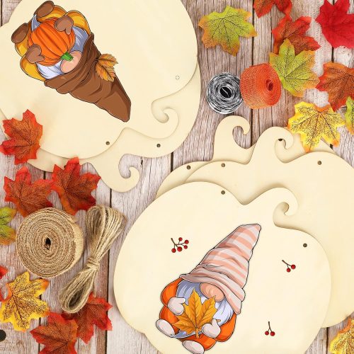 Whaline 5Pcs Fall Thanksgiving Unfinished Wood Pumpkin Cutout with 80Pcs Fake Maple Leaves Ribbons 11.6 Inch Hemp Rope Autumn Pumpkin Wooden Slices for Fall Halloween DIY Crafts Home Decor