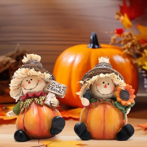 Hodao 2PCS Fall Thanksgiving Scarecrow Decorations Fall Harvest Scarecrow Pumpkin Decor Figurines for Autumn Thanksgiving Party Home Decor - Autumn Gift