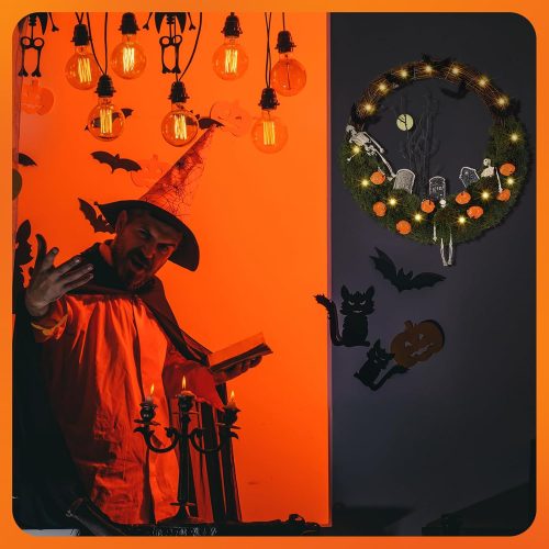 Halloween Skeleton Wreath for Front Door 16'' Halloween Light up Wreath with Faux Skeleton Bat Tombstone and Pumpkin for Door Window Porch Wall Decor