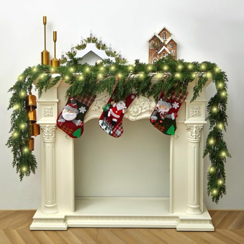 6FT Cedar Garland Realistic Christmas Garland with 16 FT LED Lights String, Greenery Plant for Christmas Decorations Table Mantle Background Wall Room Outdoor Indoor Winter Decoration