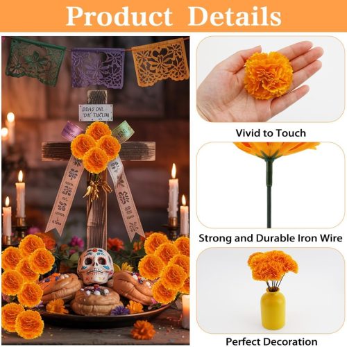 Marigold Flowers 50Pcs Silk Artificial Marigold Flower Heads with Stems Bulk Orange Fake Flowers Artificial Flowers for Day of The Dead Decorations Diwali Home Mexican Dia De Los Muertos Garland Decor