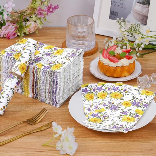 Homlouue 100 PCS Floral Napkins, Chamomile Napkins, Disposable Hand Towels For Bathroom, Flower Napkins, Floral Napkins Disposable for Party Picnic Dinner Wedding Spring Summer, Floral Guest Napkins