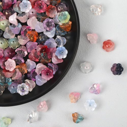 100 Pcs Glass Flower Beads Mix Color Cute Kandi Charms Bulk Crystal Trumpet Flower Bell Czech Beads for Jewelry Making Bracelets