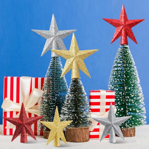 Hiboom 12 Pcs Mini Star Christmas Tree Topper 4inchx3.4inch Glittered Christmas Tree Star for Xmas Tree Party Decoration Holiday Outdoor Indoor Home Ornaments (Silver Red Gold)
