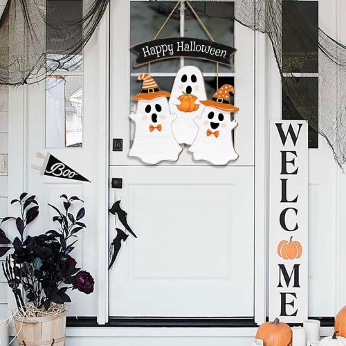 Wooden Halloween Wreath - Ghost Door Decor Hanging Sign for Home Wall Decor & Party Indoor/Outdoor Supply