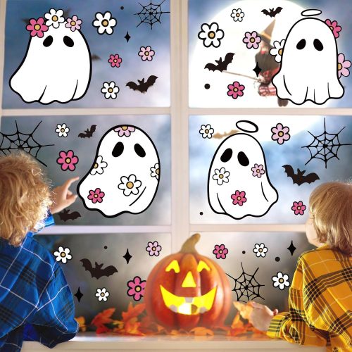 84Pcs Halloween Window Clings Floral Ghost Window Stickers Cute Double-Side Glass Decals for Home Party Favor Supplies, 7.9 x 11.8 Inch, 9 Sheets