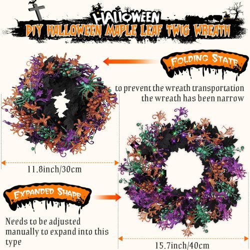Enhon 16 Inch Halloween Wreath for Front Door with 40 LED Lights, Multicolor Halloween Door Wreath Decorations for Home Porch Table Centerpiece Window Party Holiday Wall Decor(Maple Leaf Style)