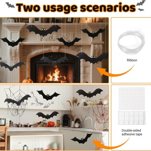 12 Pack Halloween Decorations Hanging Bats - 3 Style Scary Hanging Bat Set with 3D Bats Sticker, Outdoor Scary Flying Bats Set for Yard, Haunted House, Party - Indoor Outdoor Waterproof Decor