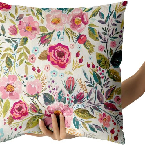 Spring Summer Flower Throw Pillow Covers 18X18 Inch Watercolor Peony Pillowcase Hot Pink Floral with Green Leaves Girly Decorative Square Cotton Cushion Cover Set of 2 for Home Garden Outdoor Bed