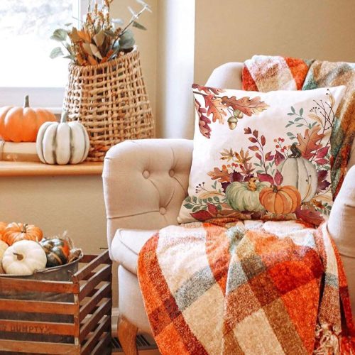 DFXSZ Fall Pillow Covers 20x20 inch Set of 2 Orange White Pumpkin Fallen Leaves Decorative Outdoor Throw Pillow Covers Autumn Thanksgiving Farmhouse Decoration for Home Couch TH27-A20