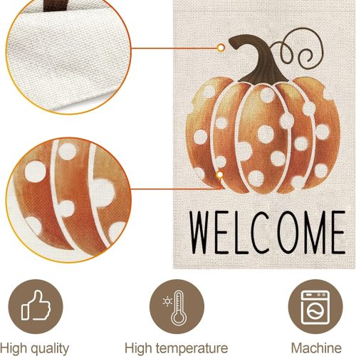 Fall Garden Flag，Welcome Pumpkin Fall Flag 12X18inch，Double Faced Linen Material ，Outdoor Fall Decor，Farmhouse Welcome Banner Pumpkin Decor