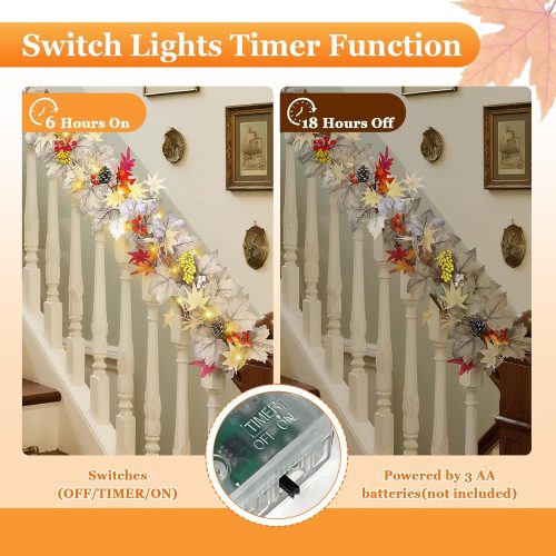 5.8Ft Fall Garland Decor for Mantle Artificial Autumn Hanging Maple Leaf Garland with Lights Berry Pine Cone for Thanksgiving Christmas Home Porch Fireplace Table Indoor Outdoor Decor