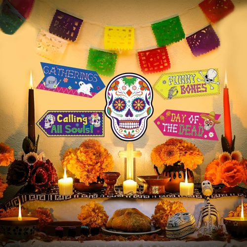20 Pcs Day of The Dead Yard Signs Dia De Los Muertos Outdoor Decorations Sugar Skull Sign for Mexican Fiesta Festival Halloween Party Garden Lawn Supplies