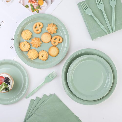 100 Count Sage Paper Plates and Napkins - Green Party Tableware Set - Disposable Plates, Napkins and Forks for Wedding, Birthday, Bridal Shower, Baby Shower - Serve 25