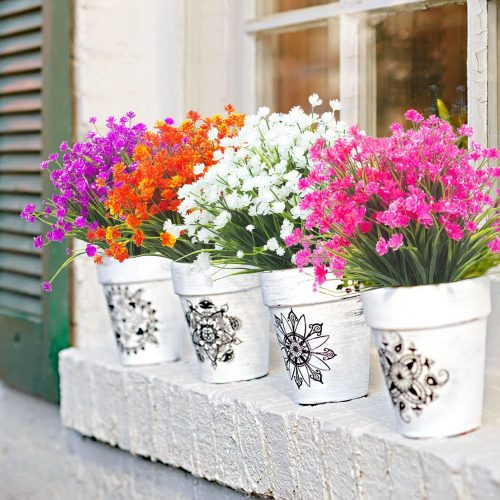 Artificial Flowers Outdoor UV Resistant Fake Plants Indoor Outside Hanging Planter Home Garden Decor, 10 Bundles (Pink)