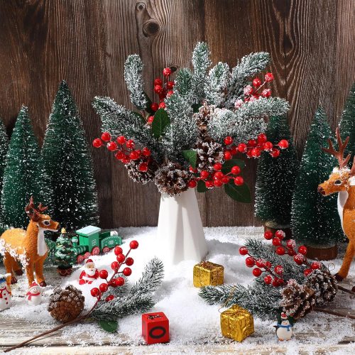 Yuxung 24 Pack Christmas Flower Picks Red Picks Pine Picks Set 11 Inch Pine Snowy Flower Berry Picks Artificial Pine Cones Holly Stem Craft Fake Berry Branches for Christmas Xmas DIY Tree Decor