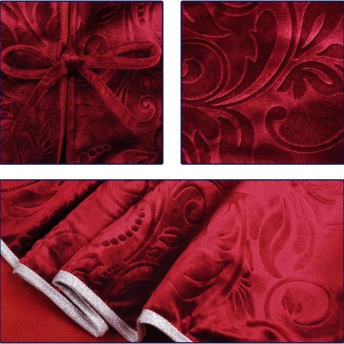 36 Inch Christmas Tree Skirt, Velvet Red Tree Skirts, Xmas Tree Skirts with Embossed Floral Pattern for Merry Christmas Party Rustic Vintage Christmas Tree Decorations