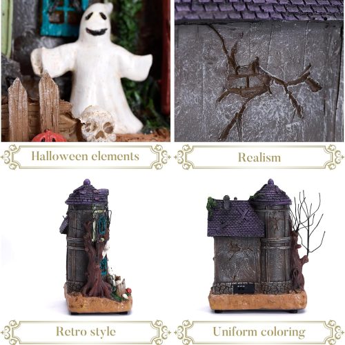 Valery Madelyn Halloween Decorations, Lighted Halloween Village Houses with Music and LED Lights, Resin Spooky Town Mummy's Haunted House for Home and Party Table Desk Mantel, 8 Inch