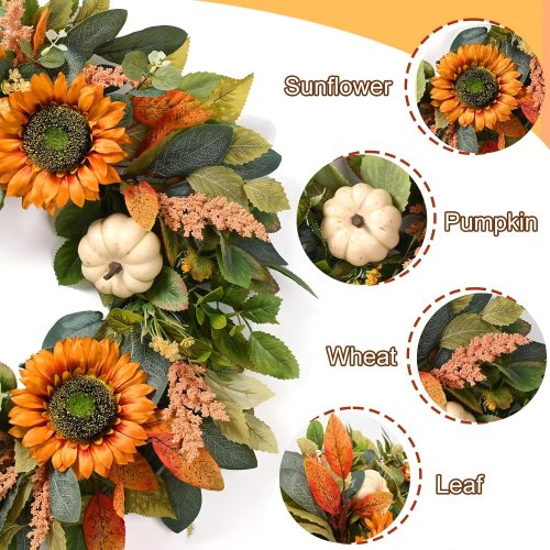 Waipfaru Fall Wreaths for Front Door,22in Sunflower Fall Door Wreath with Pumkin，Fall Wreaths for Thanksgiving Harvest, Autumn Wreath for Porch Indoor Outdoor Decor