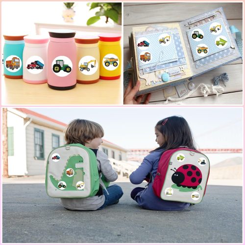 4 1000 PCS Cartoon Truck Car Stickers Roll for Kids- Round 1.5 Inch 16 Styles Cars Kindergarten Teacher Stickers Kids Birthday Party School Reward Giveaways