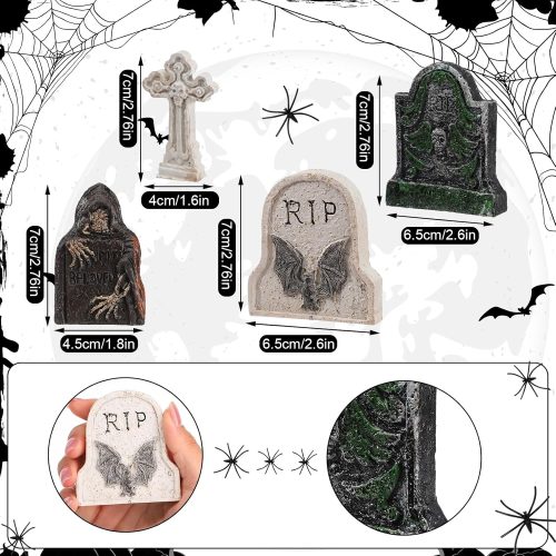 4 Liliful 32 Pcs Halloween Village Accessories Ornaments Set Spooky Halloween Town Tombstones Skeleton Tiny Trees Fake Spiders Decor Village Set for Party Town Decorations