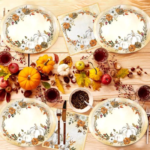 4 White Pumpkin Paper Plates and Napkins Serve 50, Boho Oval Fall Plates 10" x 12" with 6.5" Napkins Floral Autumn Tableware Fall Party Decorations for Birthday Baby Shower Bridal Shower Thanksgiving
