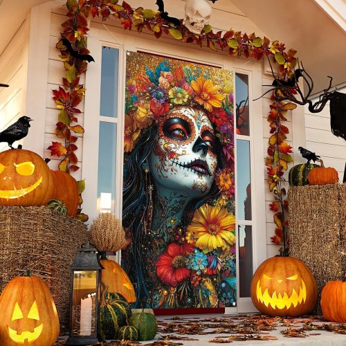 4 Vohado Dia De Los Muertos Door Banner Mexican Day of The Dead Decorations Halloween Sugar Skull Marigold Flowers Front Porch Decor