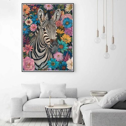 4 Zariocy 5D Diamond Art Kits for Adults Zebra Flowers, DIY Diamond Painting Art Animal Round Full Drill Crystal Diamond Embroidery Paintings Arts Craft for Home Office Wall Decor 12x16 inch