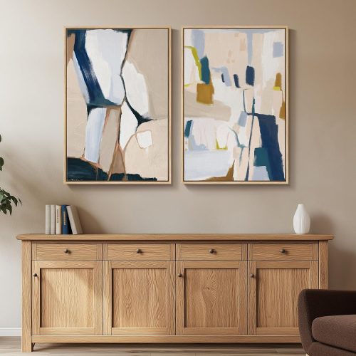 4 Large Framed Neutral Abstract Wall Art for Living Room, Set of 2 Bright Modern Canvas Prints Paintings Artwork for Walls, Colorful Abstract Pictures for Hallway Stair Bedroom Office Wall Decor 24x36 In