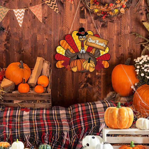 4 Thanksgiving Decoration Wooden Turkey Pumpkin Door Wreath for Front Door Sign Wall Signs, Thankful Blessed Grateful Pumpkin Sign Hanging for Fall Autumn Harvest Home Halloween Decoration