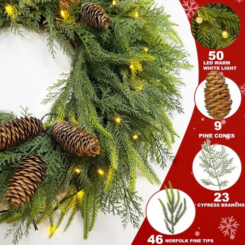 4 24 Inch Large Christmas Wreath with 50 LEDs Lights Timer 8 Modes, Thick & Soft Norfolk Pine Cypress Tips Pinecone Real Feel Artificial Wreath for Front Door Window Mantel Wall Xmas Home Décor